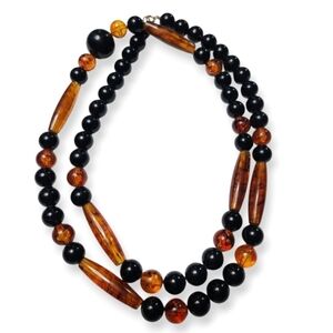 Vintage Black and Faux Amber Long Beaded Necklace
